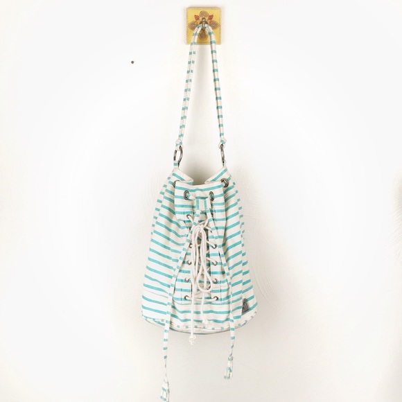 ROXY Boho Drawstring Bag Purse Aqua Striped - Picture 2 of 10